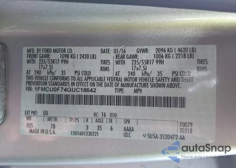 2016 Ford Escape S z USA, uszkodzony, nr VIN 1FMCU0F74GUC18642